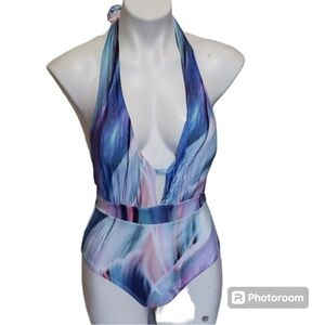 Mynah NWT whit blue pink purple marble print halter one piece swim suit